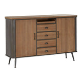 A wooden sideboard featuring a natural wood finish with a sleek design, four drawers in the center, and two cabinet doors on either side. The sideboard is supported by slender metal legs, adding a modern touch to the overall look