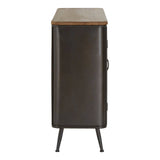 Tall wooden sideboard featuring a dark finish with a light wood top, four drawers for storage, and slender metal legs for support. The design is sleek and modern, suitable for various home decor styles