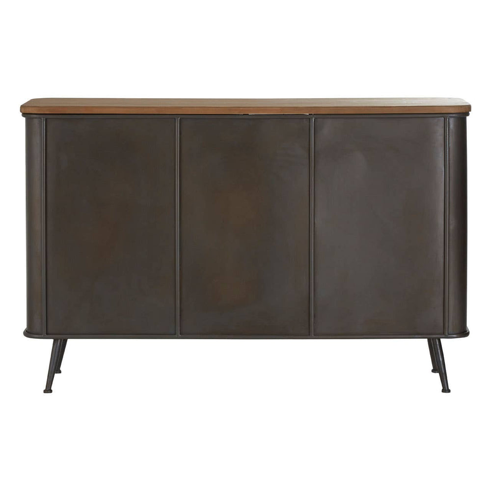 A wooden sideboard featuring a dark finish with a contrasting light wood top, designed with four drawers and two cabinet doors, supported by sleek, angled legs. The overall design is modern and minimalist, suitable for various home decor styles