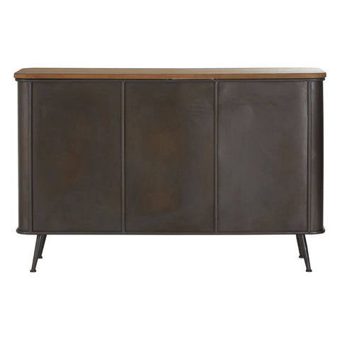 A wooden sideboard featuring a dark finish with a contrasting light wood top, designed with four drawers and two cabinet doors, supported by sleek, angled legs. The overall design is modern and minimalist, suitable for various home decor styles