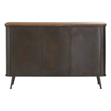 A wooden sideboard featuring a dark finish with a contrasting light wood top, designed with four drawers and two cabinet doors, supported by sleek, angled legs. The overall design is modern and minimalist, suitable for various home decor styles
