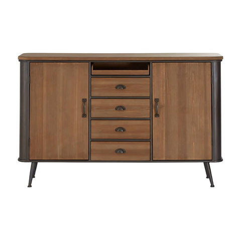A wooden sideboard featuring a warm brown finish, four drawers with sleek black handles, and two side cabinets with matching doors. The sideboard stands on slender black legs, showcasing a modern design suitable for home decor