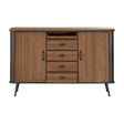 A wooden sideboard featuring a warm brown finish, four drawers with sleek black handles, and two side cabinets with matching doors. The sideboard stands on slender black legs, showcasing a modern design suitable for home decor