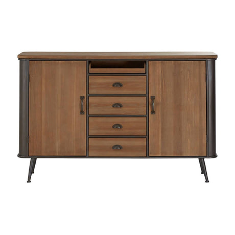 A wooden sideboard featuring a warm brown finish, four drawers with sleek black handles, and two side cabinets with matching doors. The sideboard stands on slender black legs, showcasing a modern design suitable for home decor