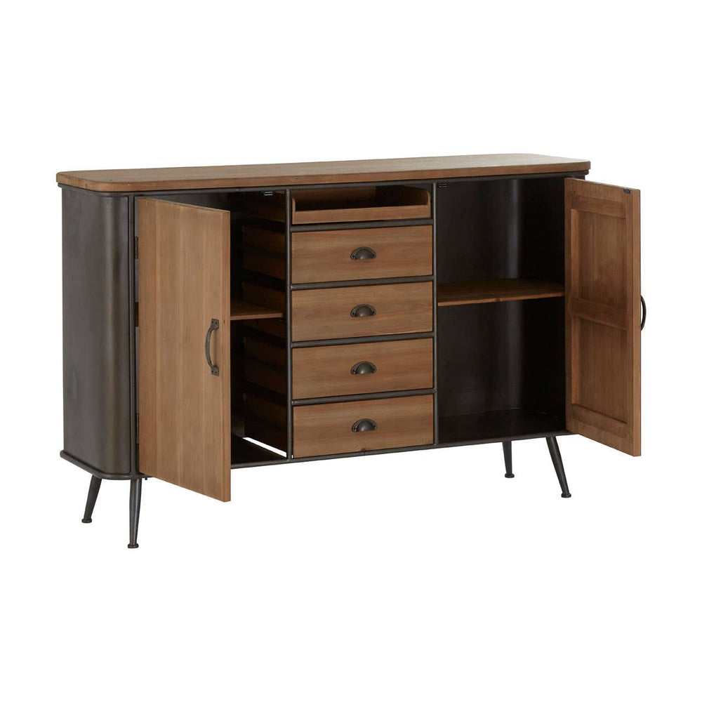 A wooden sideboard featuring four drawers and two open compartments, with a rich brown finish and sleek black legs. The sideboard has two doors on either side, providing additional storage space