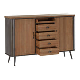 A wooden sideboard featuring a warm brown finish, four drawers with metal handles, and two cabinet doors on either side. The sideboard is supported by slender black metal legs, giving it a modern and stylish appearance