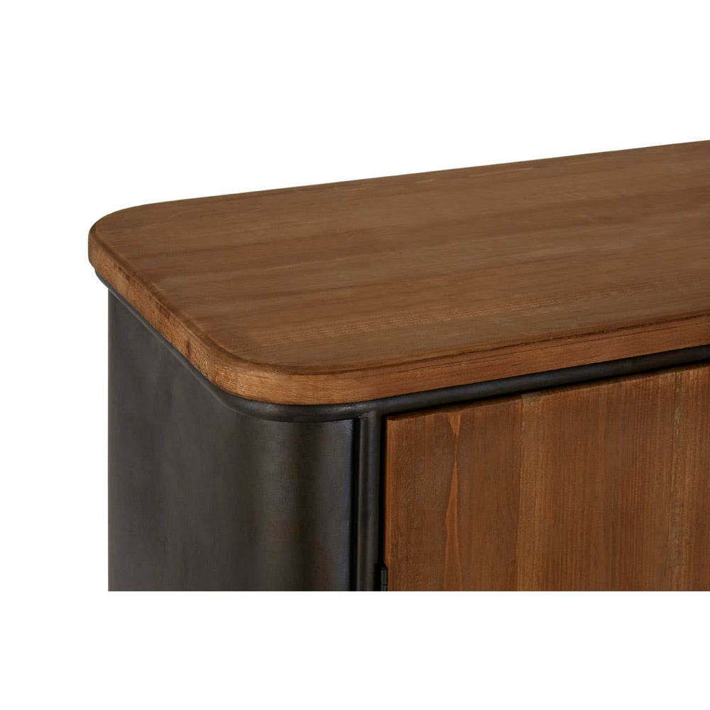The top edge of a wooden sideboard featuring a smooth, rounded surface in a warm brown finish, with a contrasting darker base. The sideboard has four drawers, showcasing a blend of modern and rustic design elements