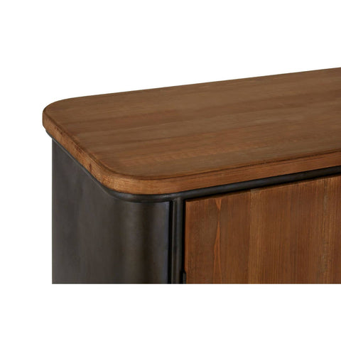 The top edge of a wooden sideboard featuring a smooth, rounded surface in a warm brown finish, with a contrasting darker base. The sideboard has four drawers, showcasing a blend of modern and rustic design elements