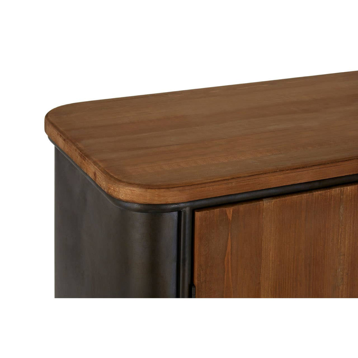 The top edge of a wooden sideboard featuring a smooth, rounded surface in a warm brown finish, with a contrasting darker base. The sideboard has four drawers, showcasing a blend of modern and rustic design elements