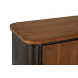 The top edge of a wooden sideboard featuring a smooth, rounded surface in a warm brown finish, with a contrasting darker base. The sideboard has four drawers, showcasing a blend of modern and rustic design elements