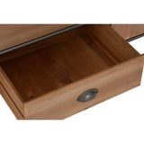 Close-up view of an open drawer from the Trinity 4 Drawer Wooden Sideboard, showcasing a smooth wooden interior and a metal handle. The wood has a warm, natural finish