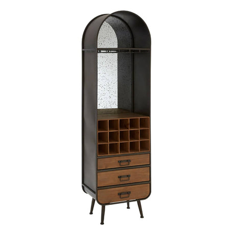 Tall wooden bar cabinet featuring a curved top, a mirrored back, and multiple storage compartments. The cabinet has a lower section with three drawers and a wine rack that holds up to twelve bottles, all supported by slender legs. The wood has a warm brown finish, contrasting with the darker frame