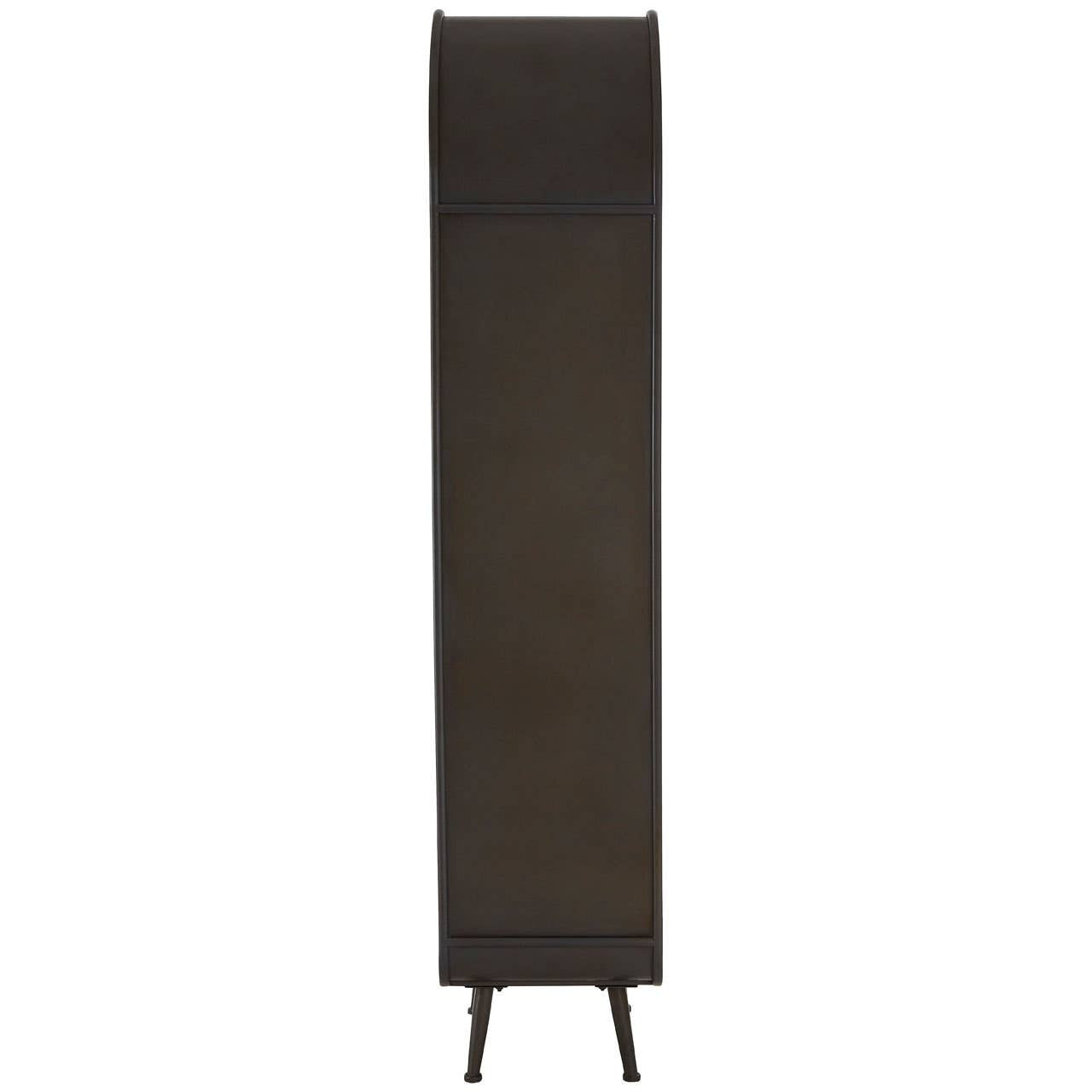 Tall wooden bar cabinet with a sleek, minimalist design, featuring a dark finish and slender legs. The cabinet has a smooth front surface and no visible handles, emphasizing its modern aesthetic