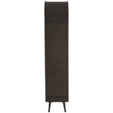 Tall wooden bar cabinet with a sleek, minimalist design, featuring a dark finish and slender legs. The cabinet has a smooth front surface and no visible handles, emphasizing its modern aesthetic