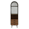 Tall wooden bar cabinet featuring a curved top with a mirrored back, three drawers at the bottom, and a wine rack with space for multiple bottles. The cabinet has a warm brown finish and slender legs for a modern look