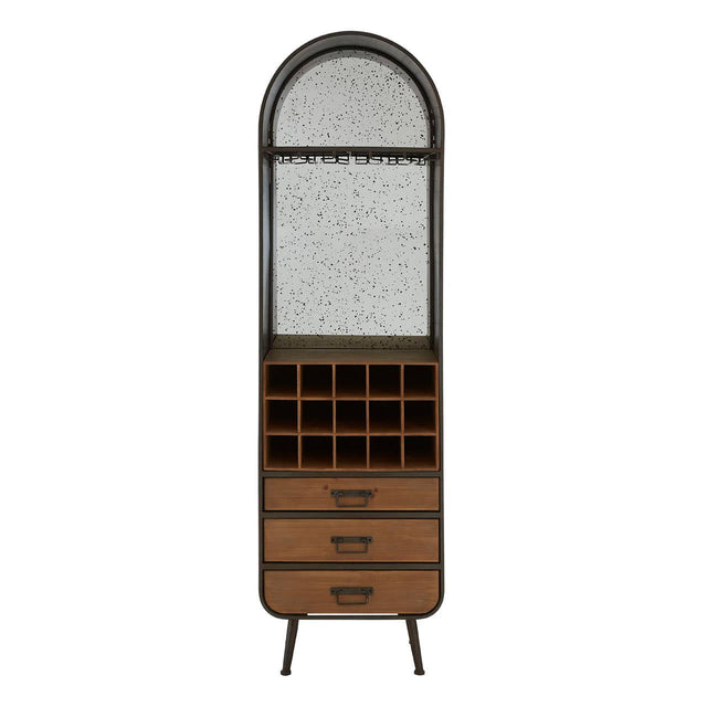Tall wooden bar cabinet featuring a curved top with a mirrored back, three drawers at the bottom, and a wine rack with space for multiple bottles. The cabinet has a warm brown finish and slender legs for a modern look