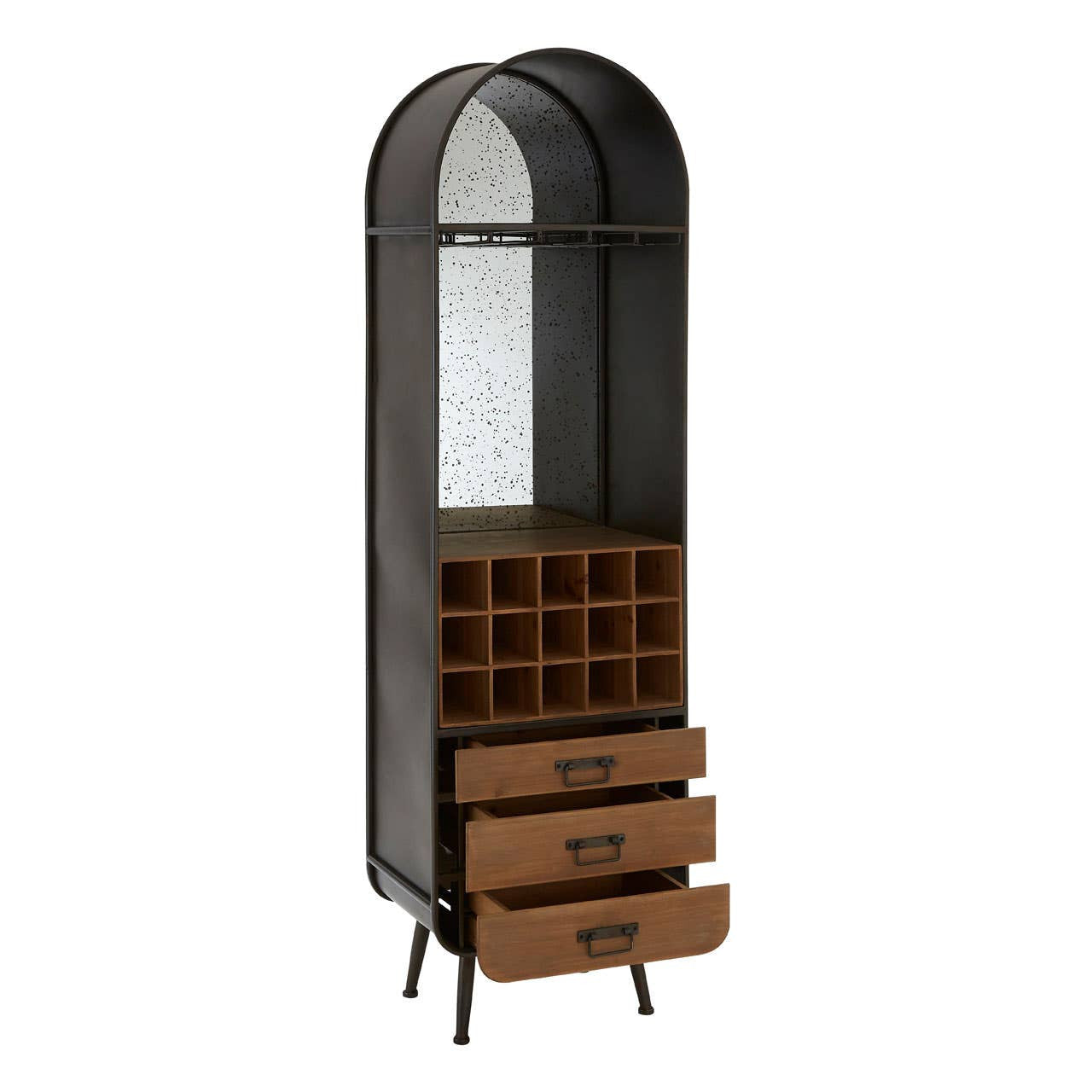Tall wooden bar cabinet featuring a curved top, a mirrored back, and three drawers at the bottom. The cabinet has a wine rack with space for multiple bottles and stands on slender legs, showcasing a modern design with a mix of dark and light wood finishes