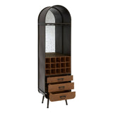 Tall wooden bar cabinet featuring a curved top, a mirrored back, and three drawers at the bottom. The cabinet has a wine rack with space for multiple bottles and stands on slender legs, showcasing a modern design with a mix of dark and light wood finishes