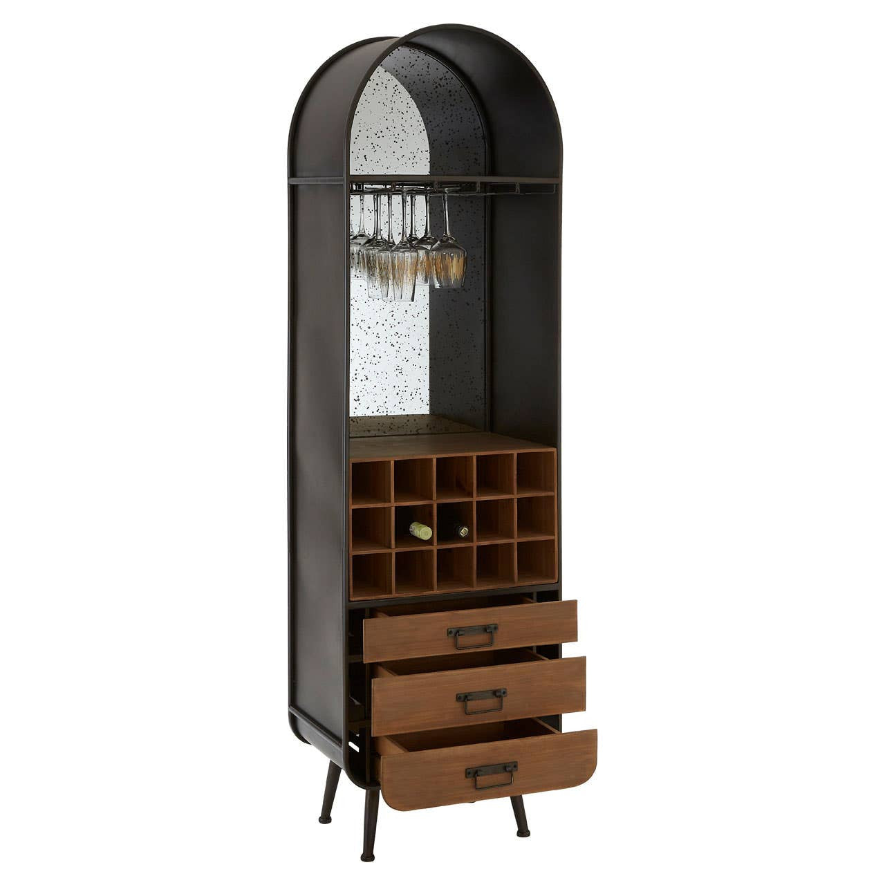 Tall wooden bar cabinet featuring a sleek arched top, a glass shelf, and a grid-style wine bottle holder. The cabinet has three spacious drawers at the bottom and is supported by slender legs, showcasing a modern design with a combination of dark and warm wood tones