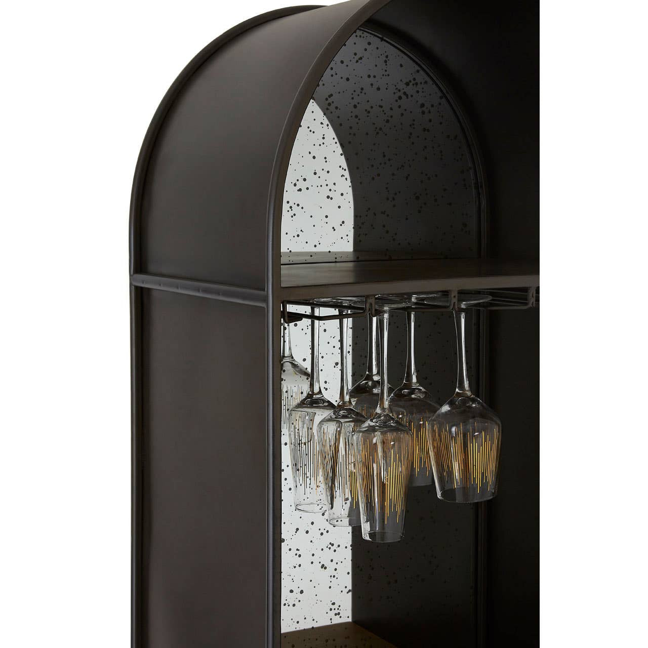 Tall wooden bar cabinet featuring an arched design, with a glass panel and a shelf displaying hanging wine glasses. The cabinet has a rich, dark finish that enhances its elegant appearance