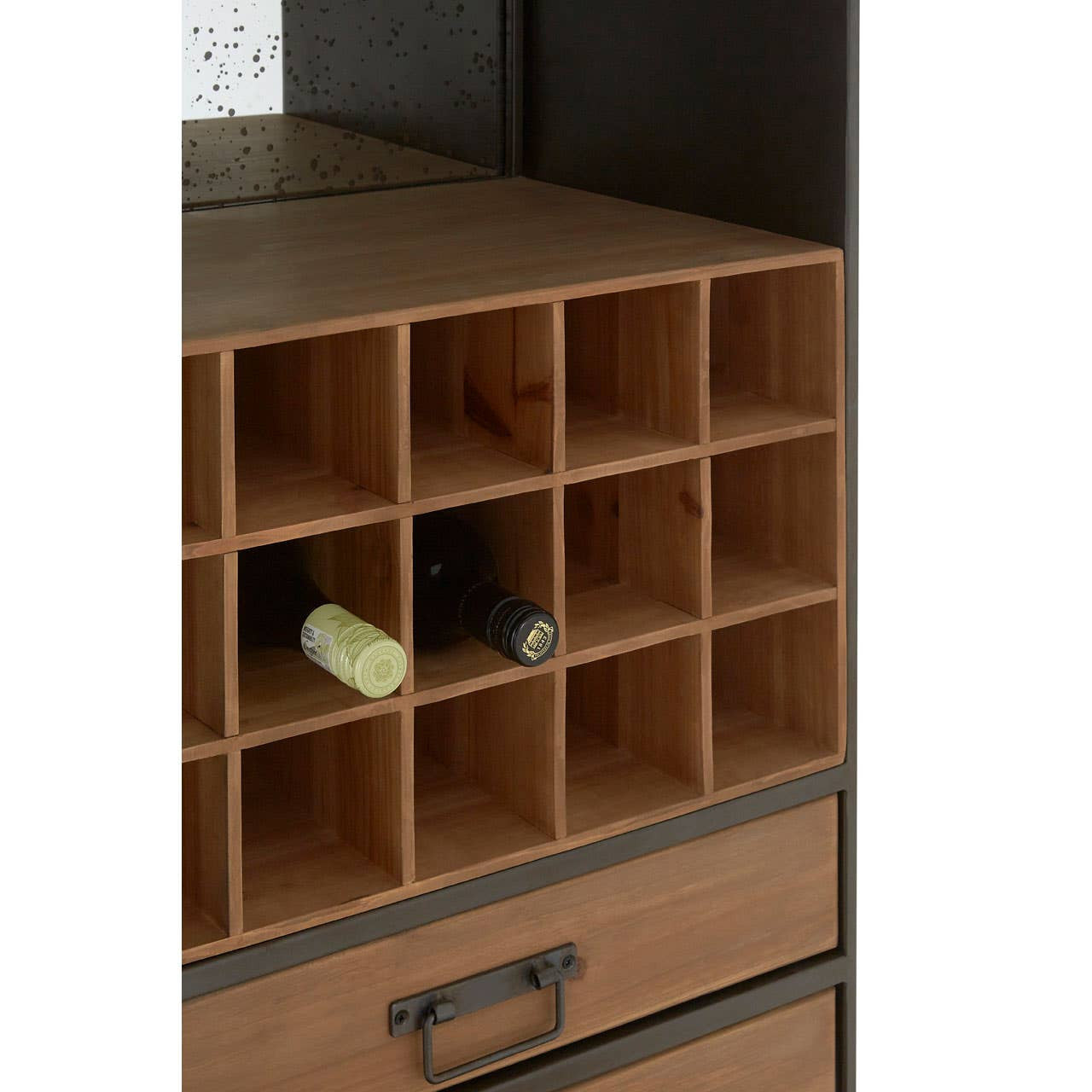Wooden bar cabinet featuring a grid-style wine rack with multiple compartments, two visible wine bottles, and a smooth top surface. The cabinet has a rustic finish and a sleek design, suitable for home decor