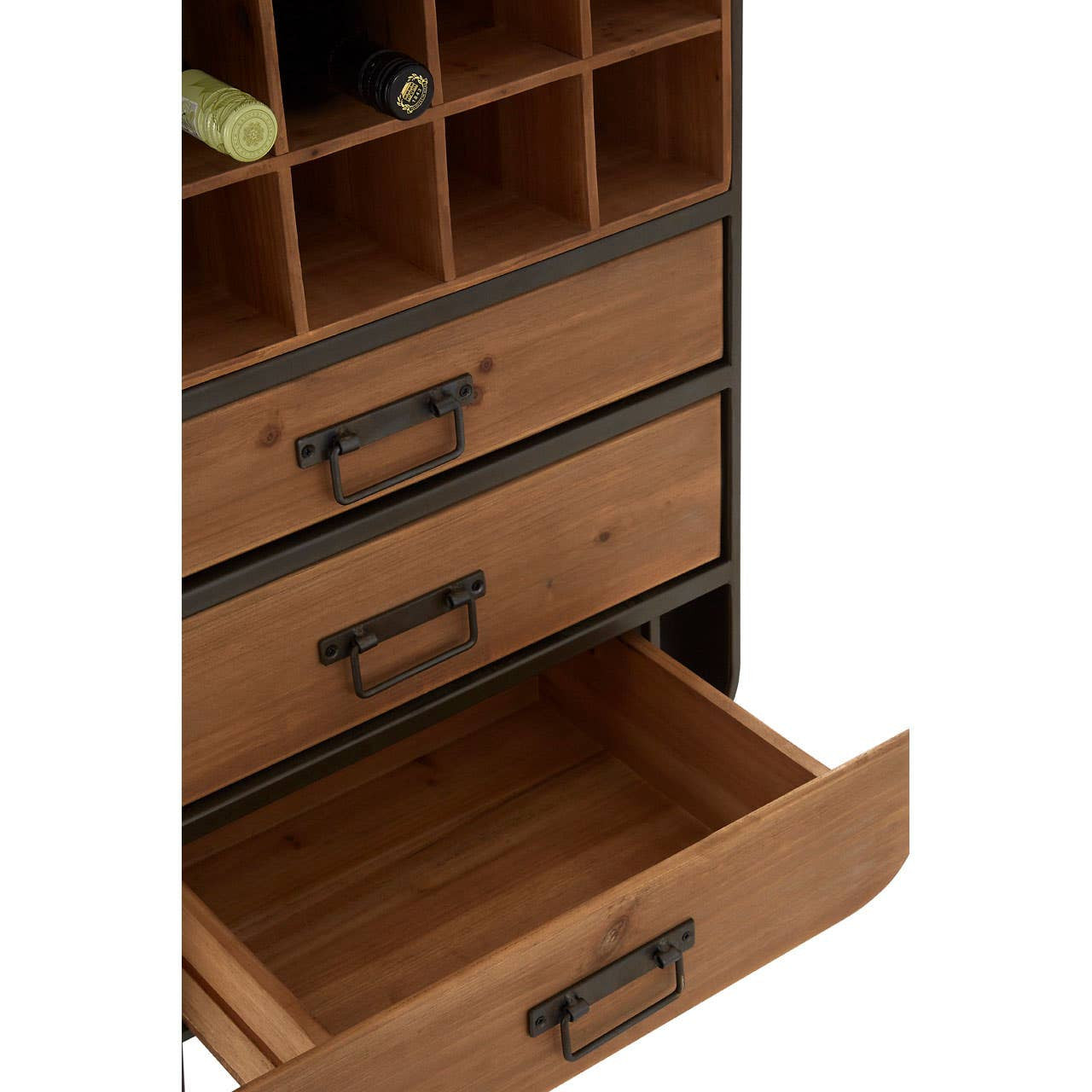 Tall wooden bar cabinet featuring a rich brown finish, multiple wine bottle compartments at the top, three spacious drawers with metal handles, and a partially open drawer showcasing its interior