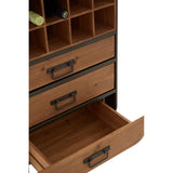 Tall wooden bar cabinet featuring a rich brown finish, multiple wine bottle compartments at the top, three spacious drawers with metal handles, and a partially open drawer showcasing its interior
