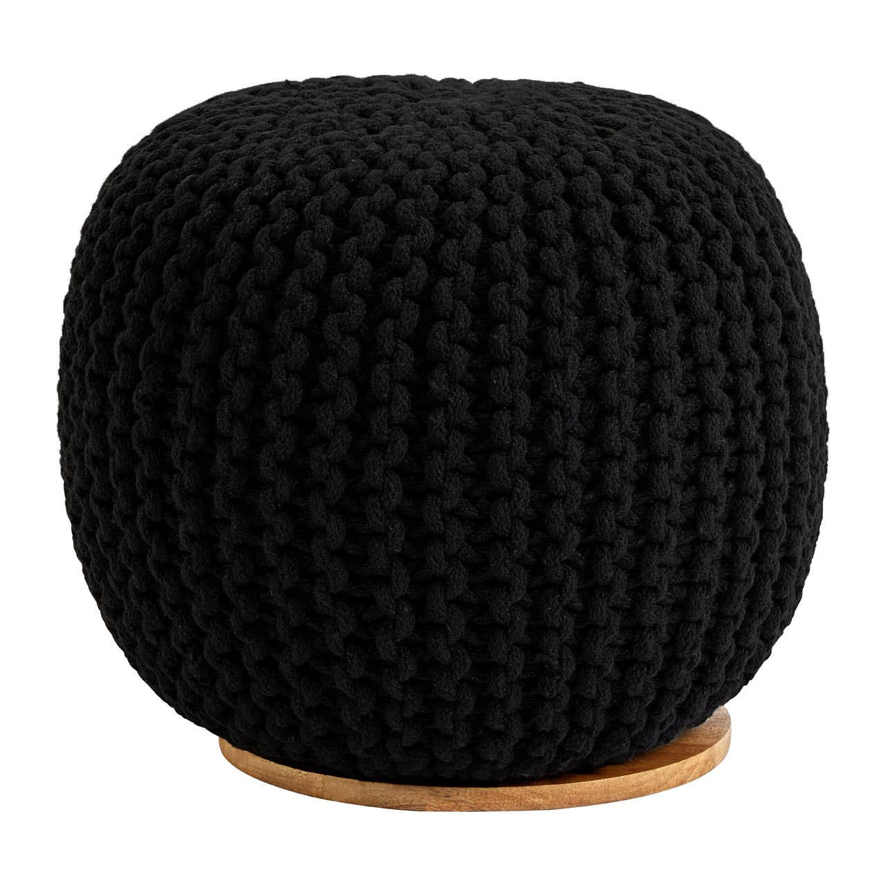 A round black knitted pouffe with a textured surface, resting on a light wooden base. The pouffe features a cozy, contemporary design suitable for home decor
