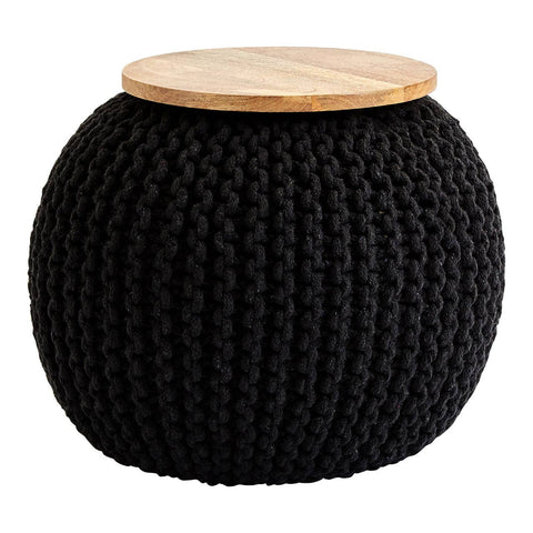 A round black knitted pouffe with a textured surface and a light wooden top, suitable for use as a stool or side table