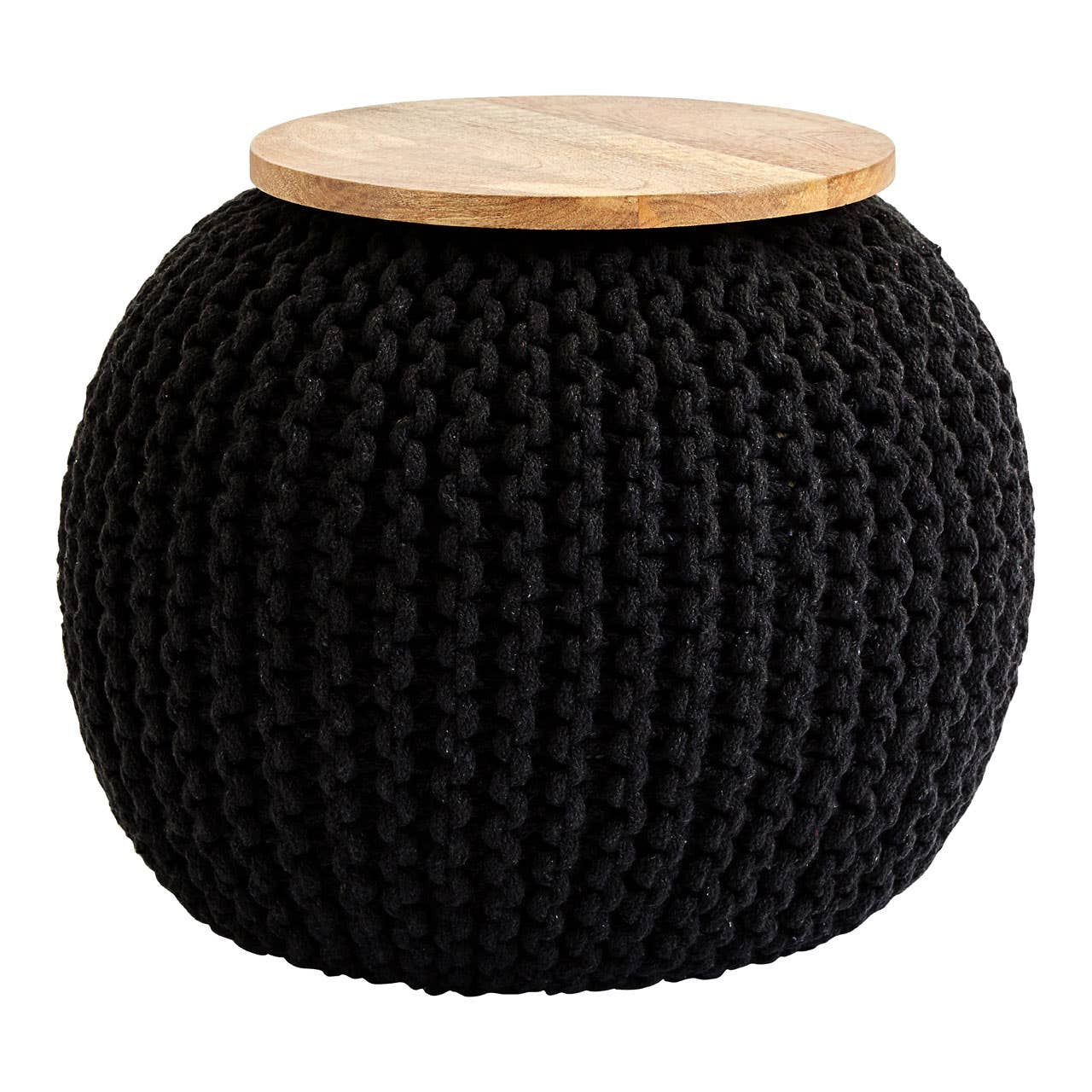 A round black knitted pouffe with a textured surface and a light wooden top, suitable for use as a stool or side table
