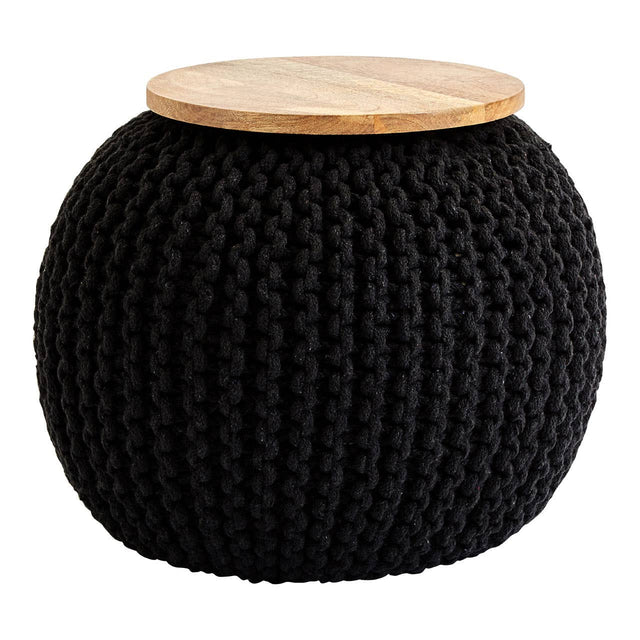 A round black knitted pouffe with a textured surface and a light wooden top, suitable for use as a stool or side table