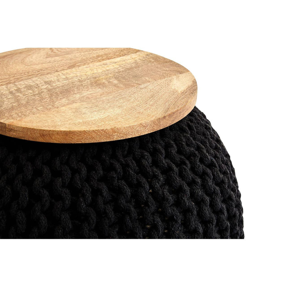 A black knitted pouffe with a textured surface and a round wooden top, showcasing a natural wood finish