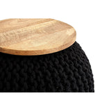 A black knitted pouffe with a textured surface and a round wooden top, showcasing a natural wood finish