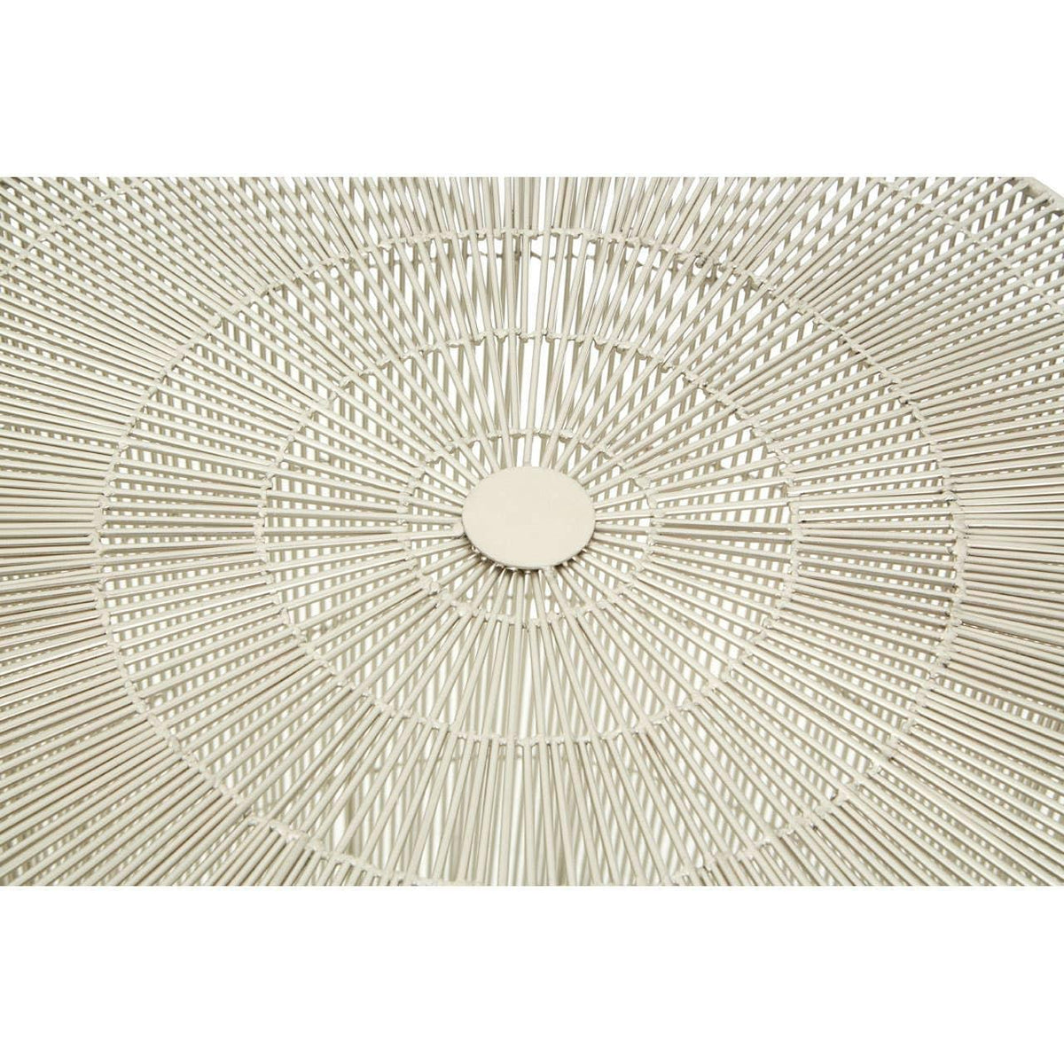 Close up of round rattan garden table top with woven beige detailing