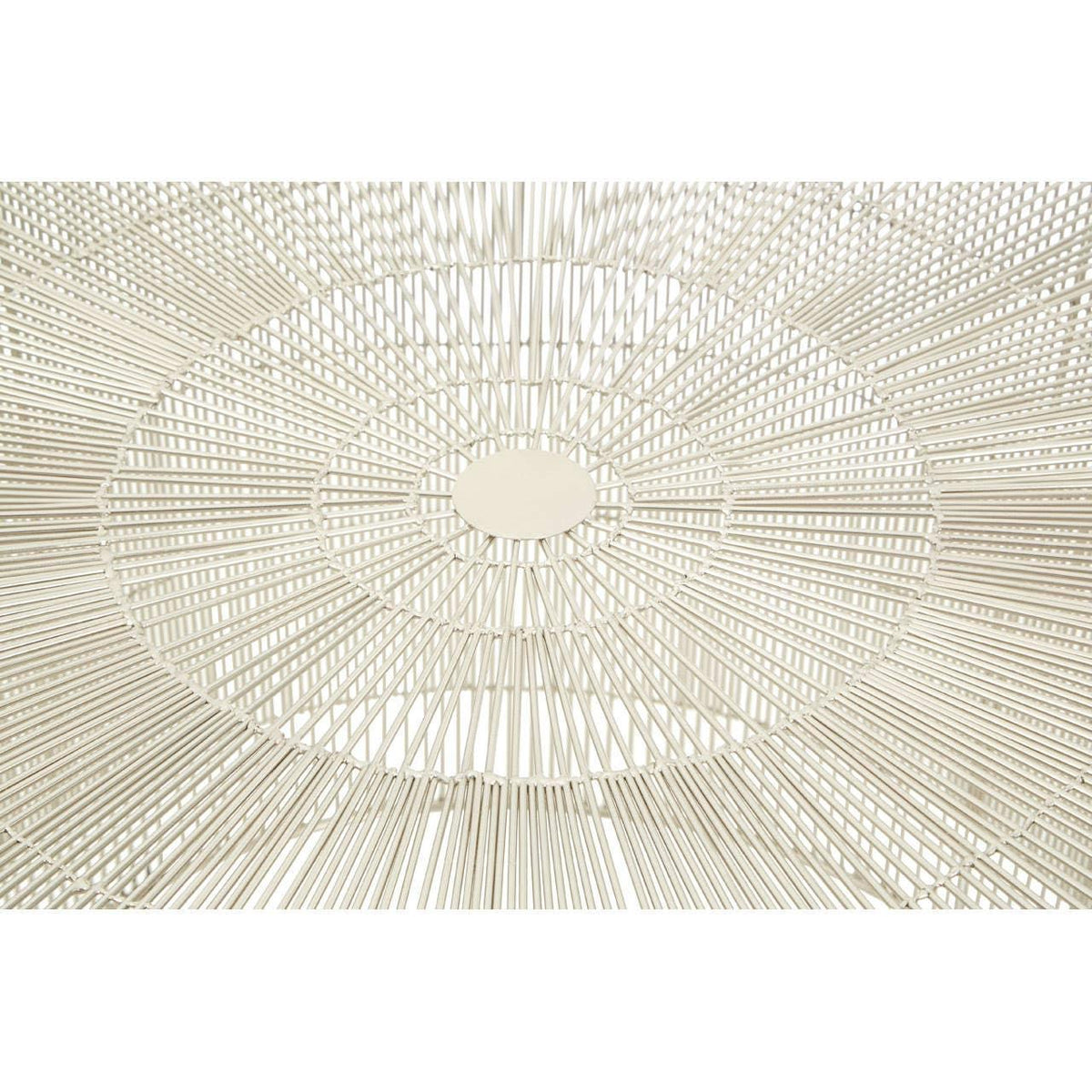 Round cream rattan table top with woven geometric pattern detail, close-up view
