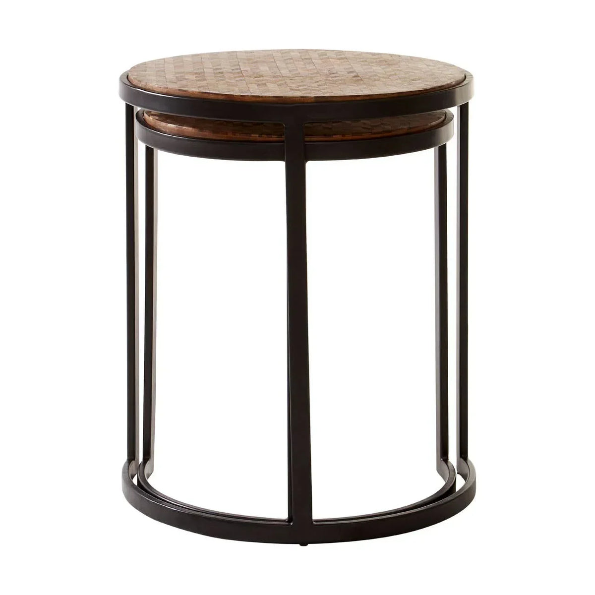 Round nesting side table with black metal frame and wood top