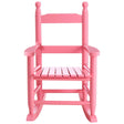 A vibrant pink rocking chair designed for kids, featuring a classic slatted seat and backrest, with rounded spindles on the top and sturdy rockers at the base