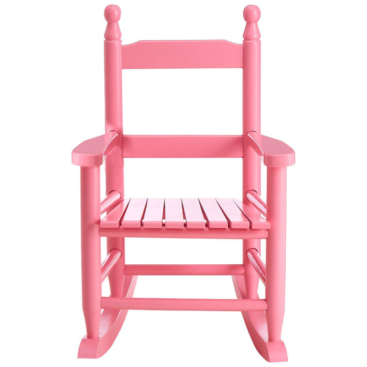 A vibrant pink rocking chair designed for kids, featuring a classic slatted seat and backrest, with rounded spindles on the top and sturdy rockers at the base