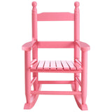 A vibrant pink rocking chair designed for kids, featuring a classic slatted seat and backrest, with rounded spindles on the top and sturdy rockers at the base