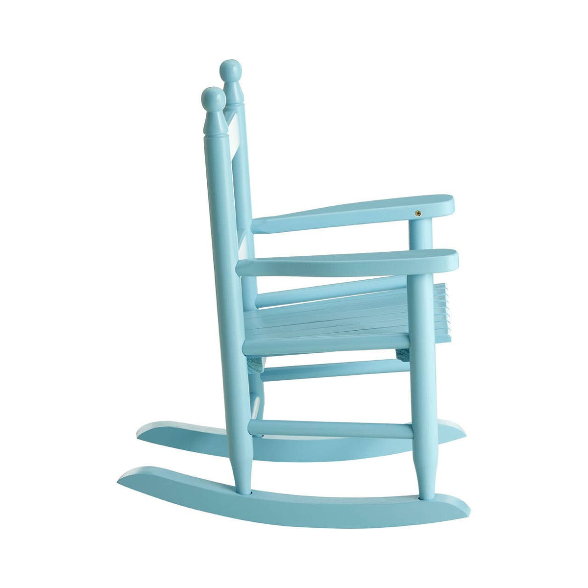 A light blue wooden rocking chair designed for kids, featuring a classic slatted back and curved rockers