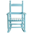 A light blue wooden rocking chair designed for kids, featuring a slatted seat and backrest, with rounded armrests and decorative spindles on the back. The chair has a smooth finish and a classic rocking base