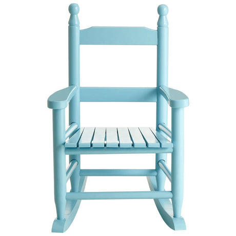 A light blue wooden rocking chair designed for kids, featuring a slatted seat and backrest, with rounded armrests and decorative spindles on the back. The chair has a smooth finish and a classic rocking base