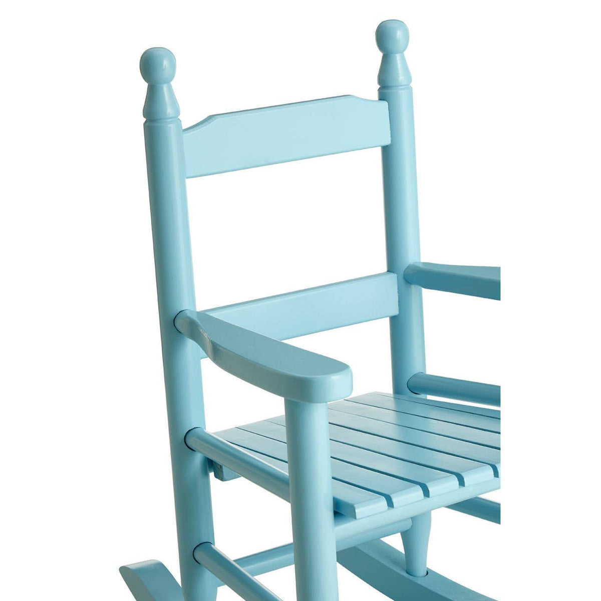 A light blue wooden rocking chair designed for kids, featuring a slatted seat and backrest, with rounded finials on the top of the backrest and sturdy rockers at the base