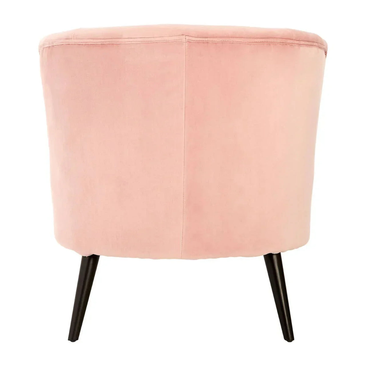 Back view of pink velvet accent chair with black metal legs