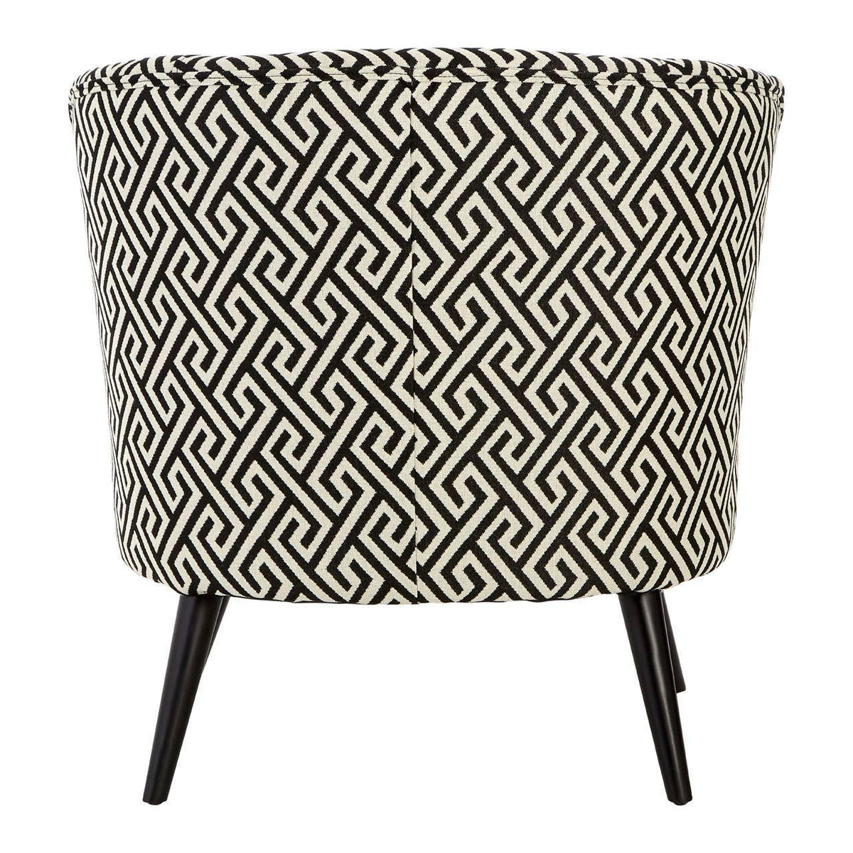 accent chair with black and white geometric upholstery and tapered black legs, rear view