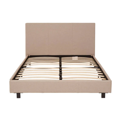 Beige fabric bed frame with tall headboard and wooden slatted base, front view