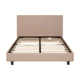 Beige fabric bed frame with tall headboard and wooden slatted base, front view