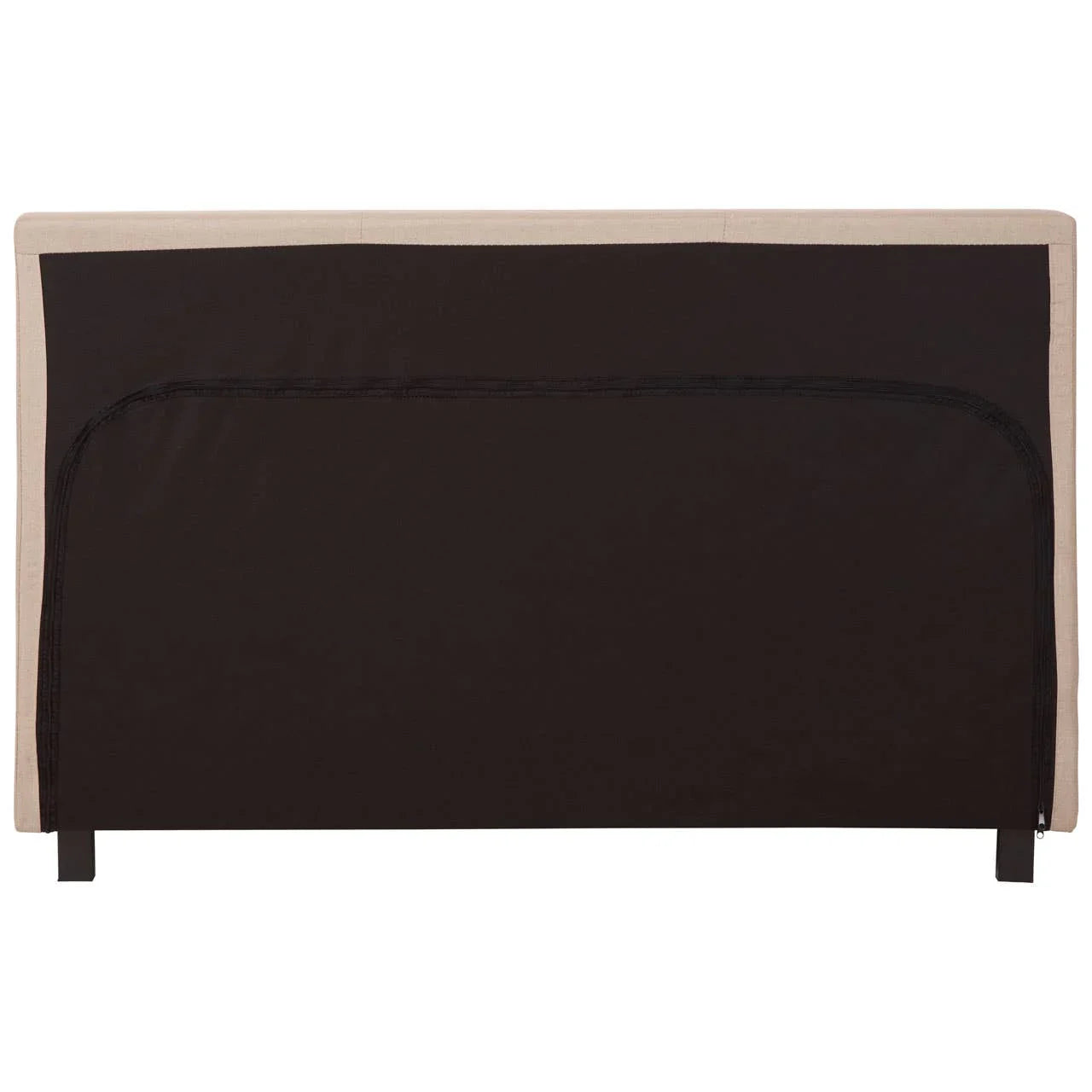 Rear view of upholstered fabric headboard with beige frame and black backing panel