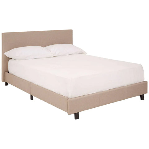 Beige upholstered bed frame with headboard and white bedding, angled front view