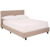 Beige upholstered bed frame with headboard and white bedding, angled front view
